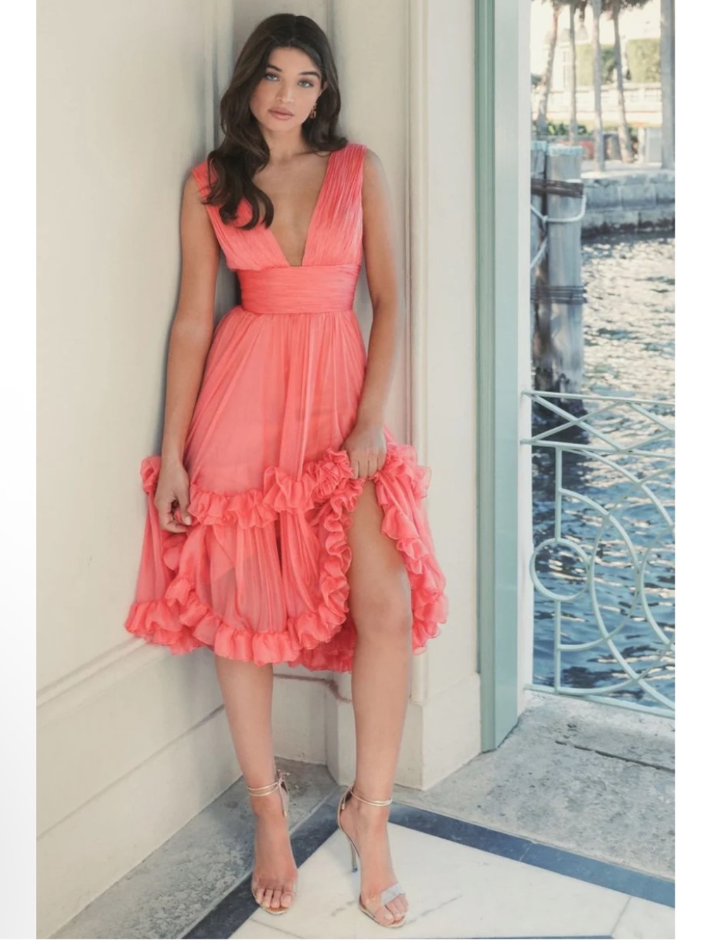 Mac Duggal by Ieena V-Neck Sleeveless Tiered Ruffle Midi Dress